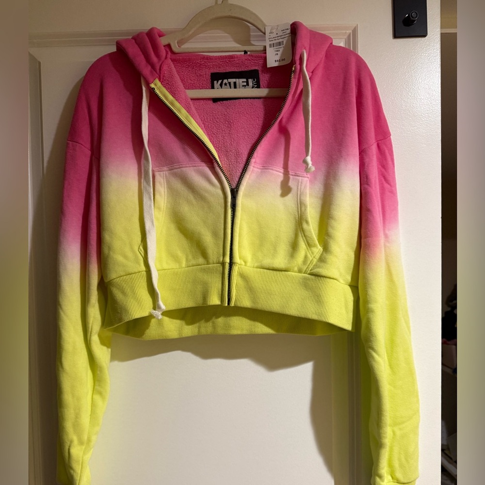 KATIE J Cropped Dip-Dye Hoodie - Pink & Neon Yellow SIZE: JUNIOR SMALL
